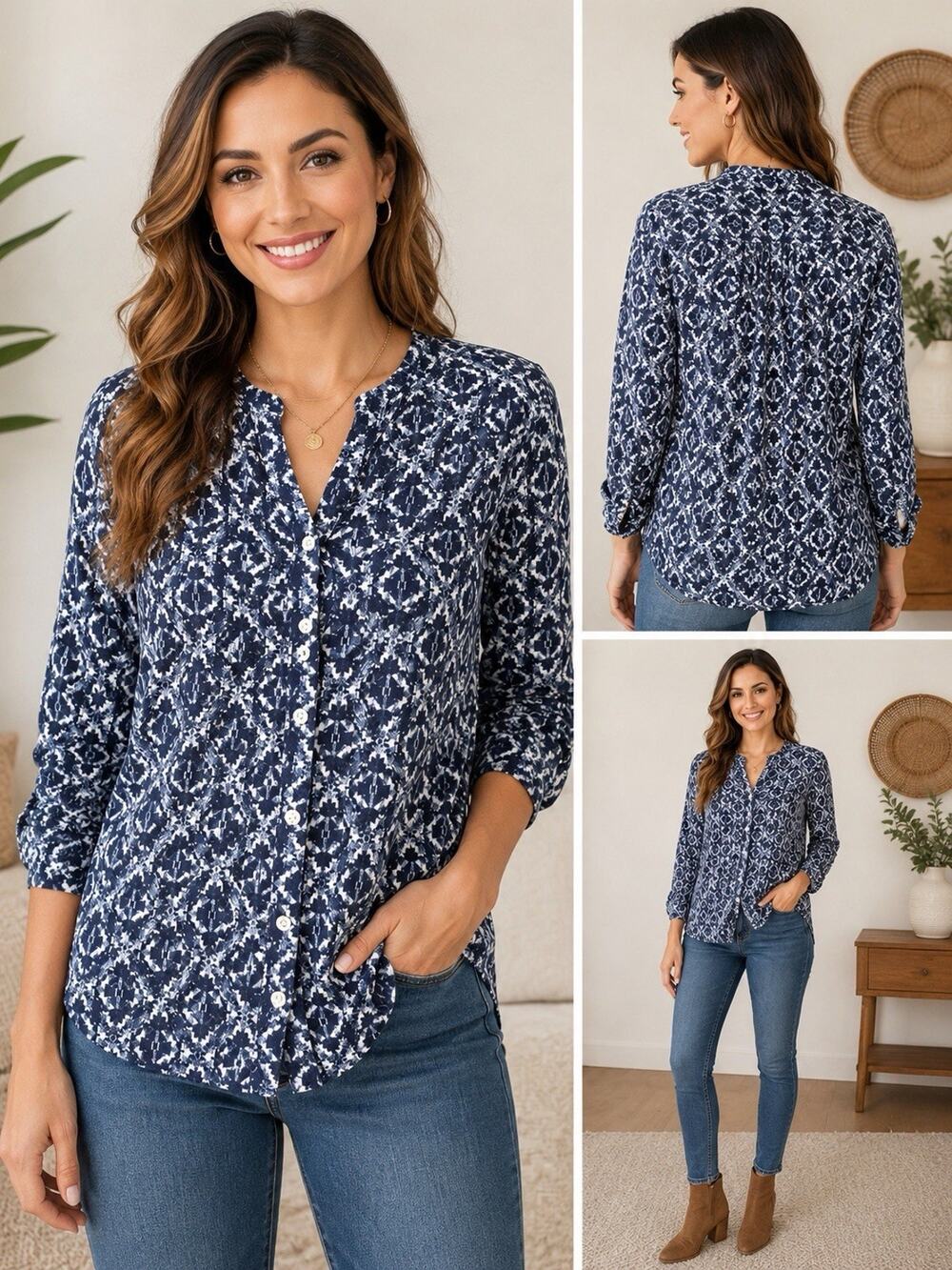 Eddie Bauer Southwestern Print Blouse Women’s S Blue White Boho Top